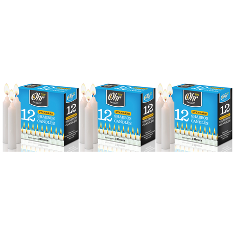 3x Ohr 12pcs Standard Shabbos Candles Pack - Jewish Shabbat (Burns Approx. 3 Hours)