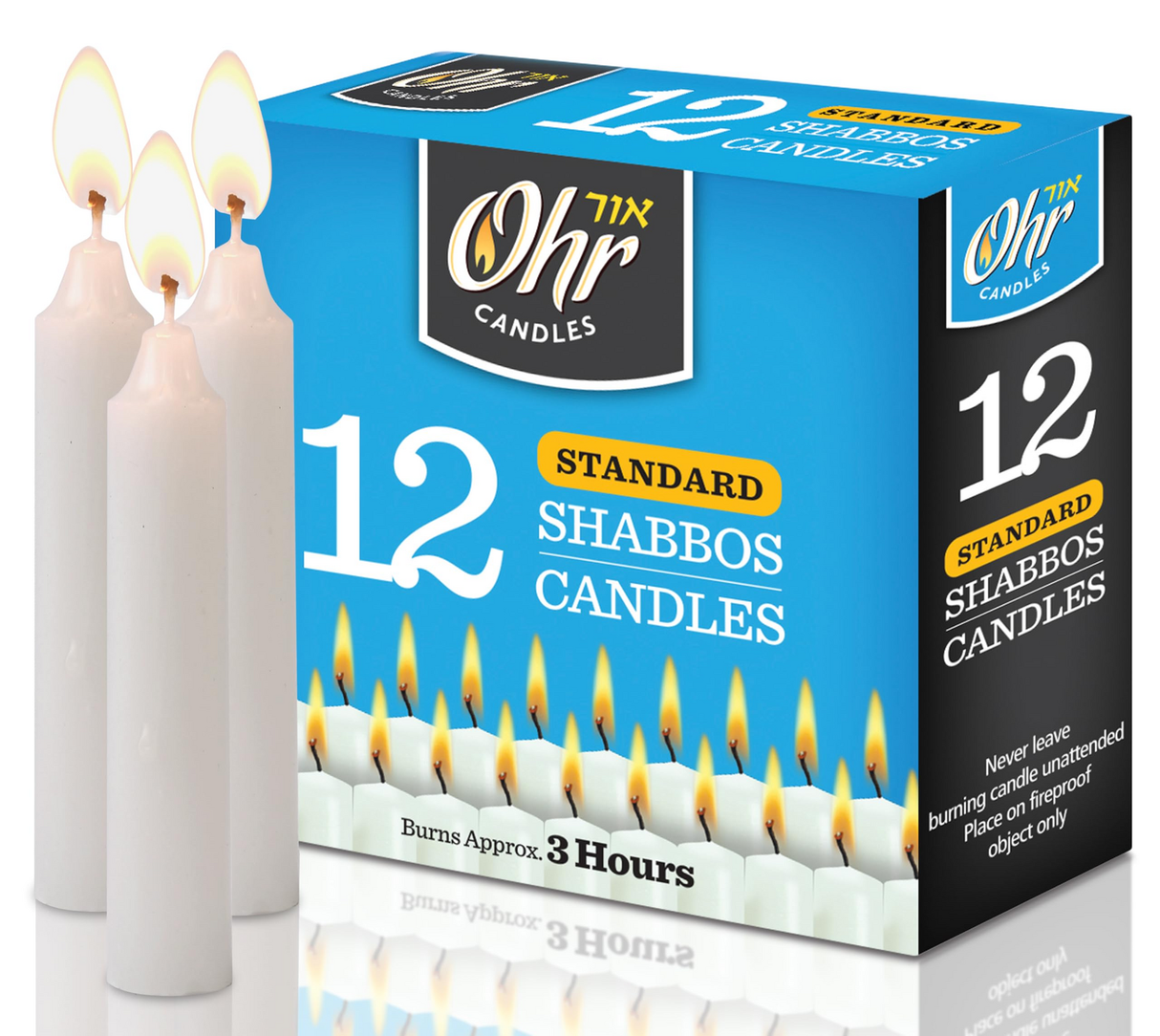 Ohr 12pcs Standard Shabbos Candles - Jewish Shabbat (Burns Approx. 3 Hours)