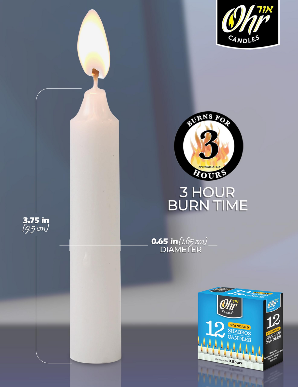 Ohr 12pcs Standard Shabbos Candles - Jewish Shabbat (Burns Approx. 3 Hours)