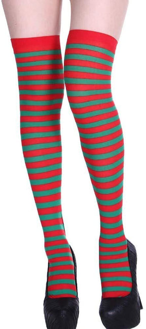 Christmas Over the Knee Socks - Red & Green Candy Cane Striped (Xmas Party)