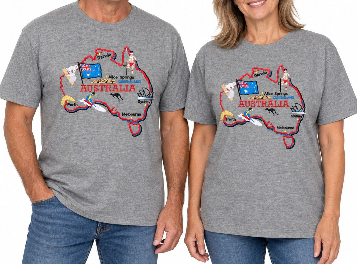 Adults Unisex Loose Fit 100% Cotton Australia Map T-Shirt in Grey