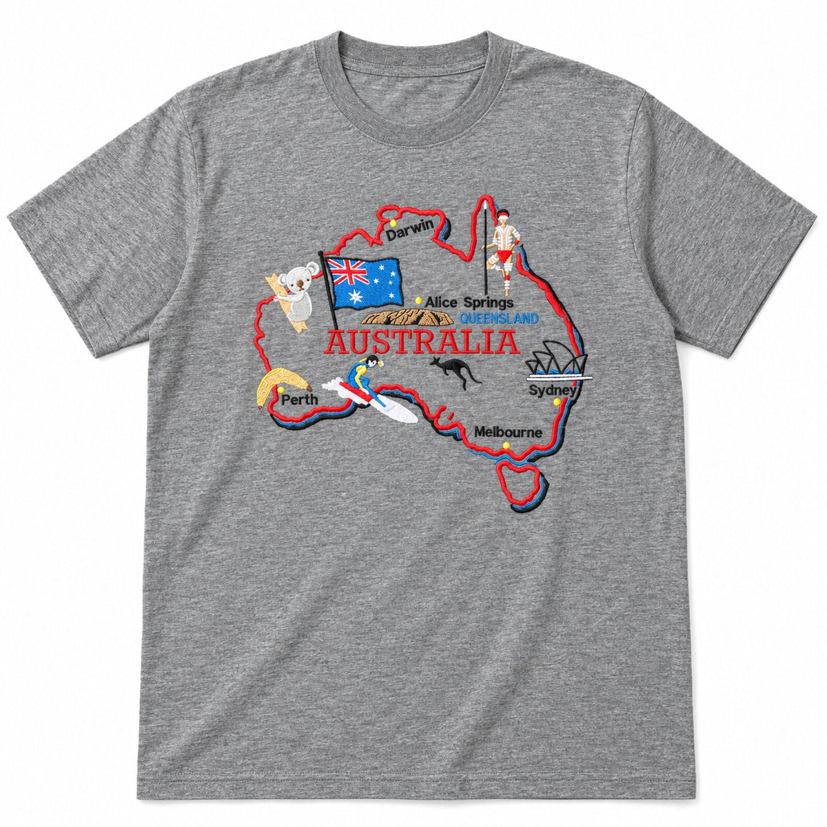 Adults Unisex Loose Fit Australia Map T-Shirt - Grey (100% Cotton Souvenir Gift)