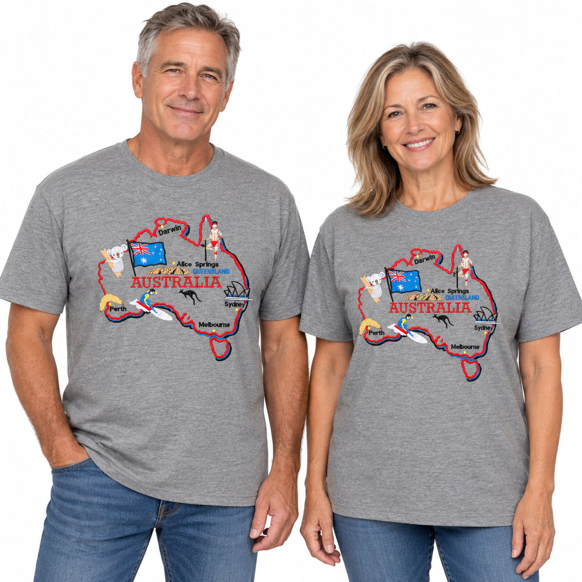 Adults Unisex Loose Fit 100% Cotton Australia Map T-Shirt in Grey