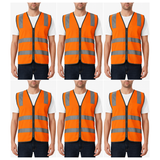 6x Orange Hi Vis Zip Up Safety Vest Bulk Pack - Reflective Tape Day/Night Workwear (One Size)