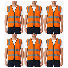 6x Orange Hi Vis Zip Up Safety Vest Bulk Pack - Reflective Tape Day/Night Workwear (One Size)