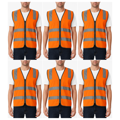 6x Orange Hi Vis Zip Up Safety Vest Bulk Pack - Reflective Tape Day/Night Workwear (One Size)