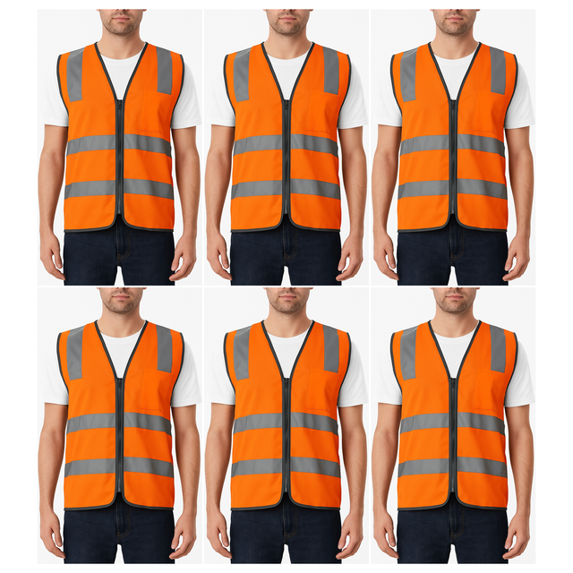 6x Orange Hi Vis Zip Up Safety Vest Bulk Pack - Reflective Tape Day/Night Workwear (One Size)
