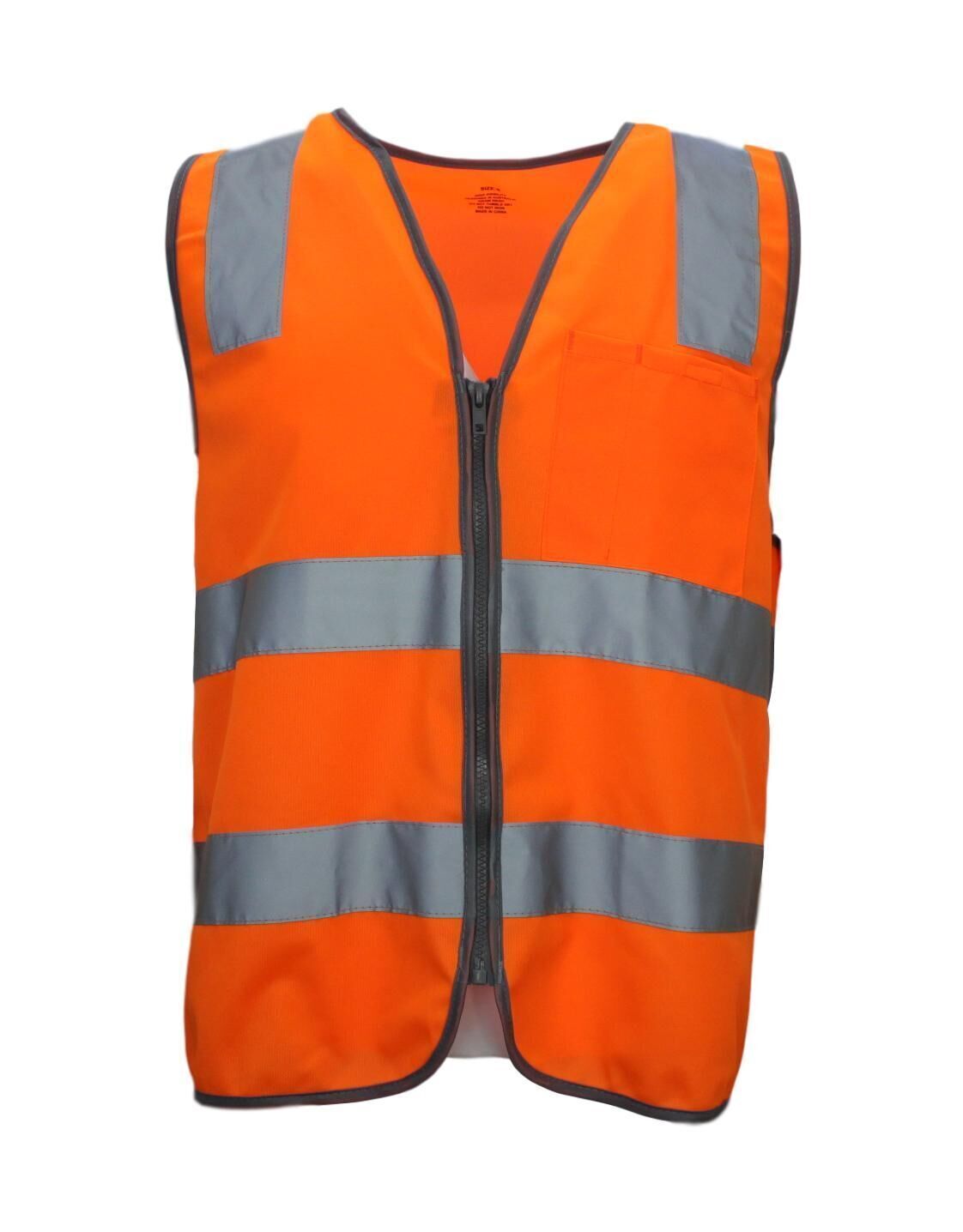Orange Hi Vis Zip Up Safety Vest - Reflective Tape Day/Night Workwear (One Size)