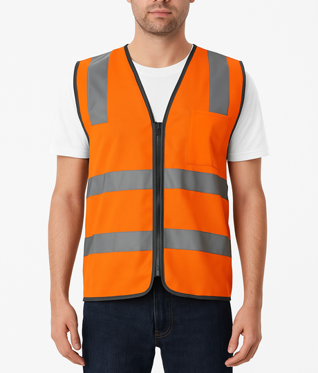 6x Orange Hi Vis Zip Up Safety Vest Bulk Pack - Reflective Tape Day/Night Workwear (One Size)