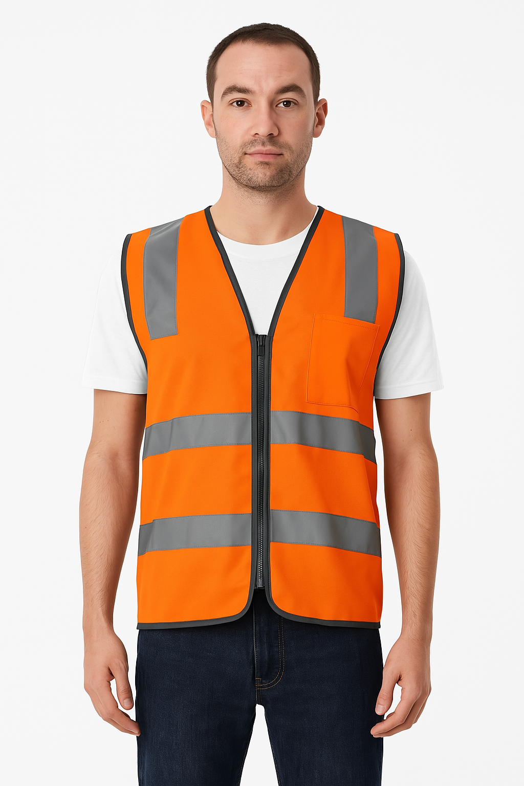 Orange Hi Vis Zip Up Safety Vest - Reflective Tape Day/Night Workwear (One Size)