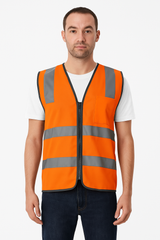 Orange Hi Vis Zip Up Safety Vest - Reflective Tape Day/Night Workwear (One Size)