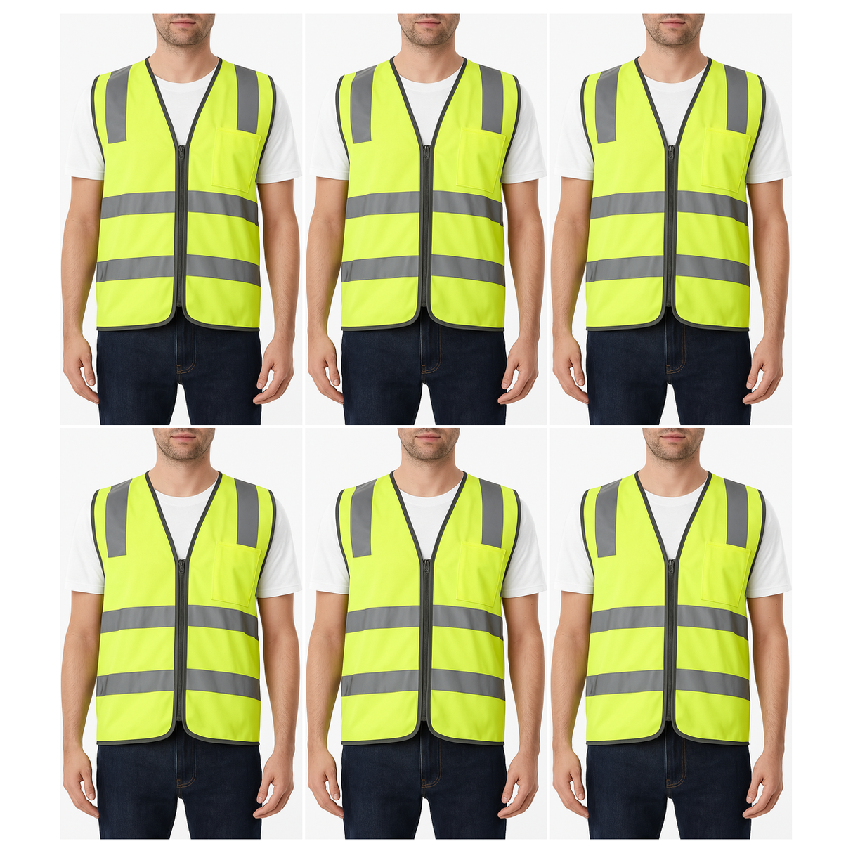 6x Yellow Hi Vis Zip Up Safety Vest Bulk Pack - Reflective Tape Day/Night Workwear (One Size)
