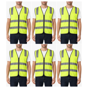 6x Yellow Hi Vis Zip Up Safety Vest Bulk Pack - Reflective Tape Day/Night Workwear (One Size)