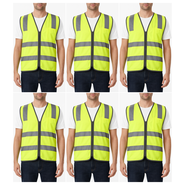 6x Yellow Hi Vis Zip Up Safety Vest Bulk Pack - Reflective Tape Day/Night Workwear (One Size)
