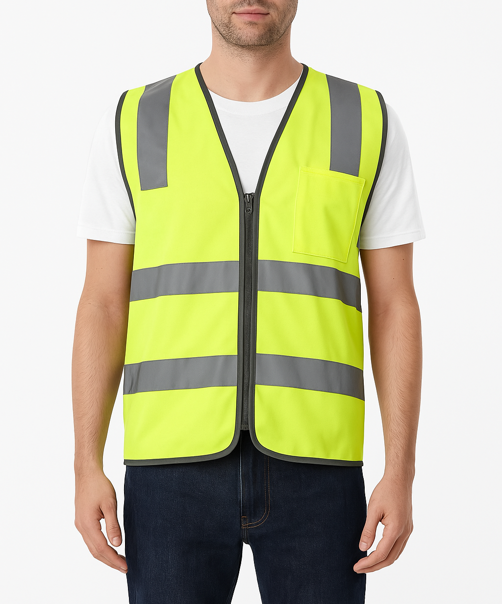 Yellow Hi Vis Zip Up Safety Vest - Reflective Tape Day/Night Workwear (One Size)