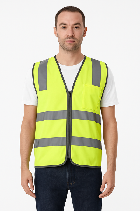 Hi Vis Safety Vest Reflective Tape Zip Up Workwear Pocket High Visibility in Yellow