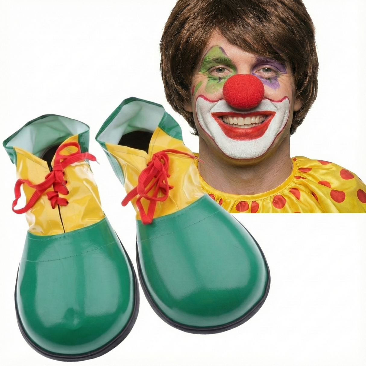 2pcs Green/Yellow Clown Nose + Large Shoes Set - Circus Costume (Halloween & Fancy Dress)