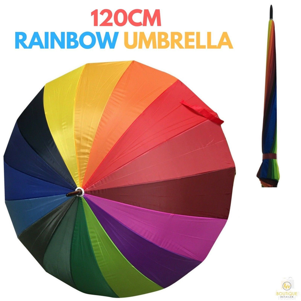 120cm Rainbow Umbrella - Colourful Parasol w/ Long Shaft