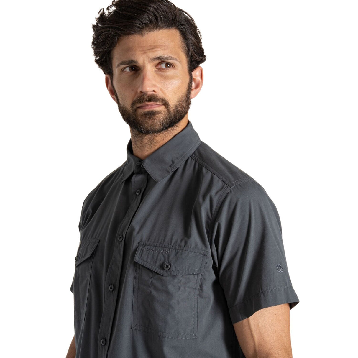 Craghoppers Mens Kiwi Polycotton UPF50 Insect Defence Travel Short Sleeve Shirt in Dark Grey
