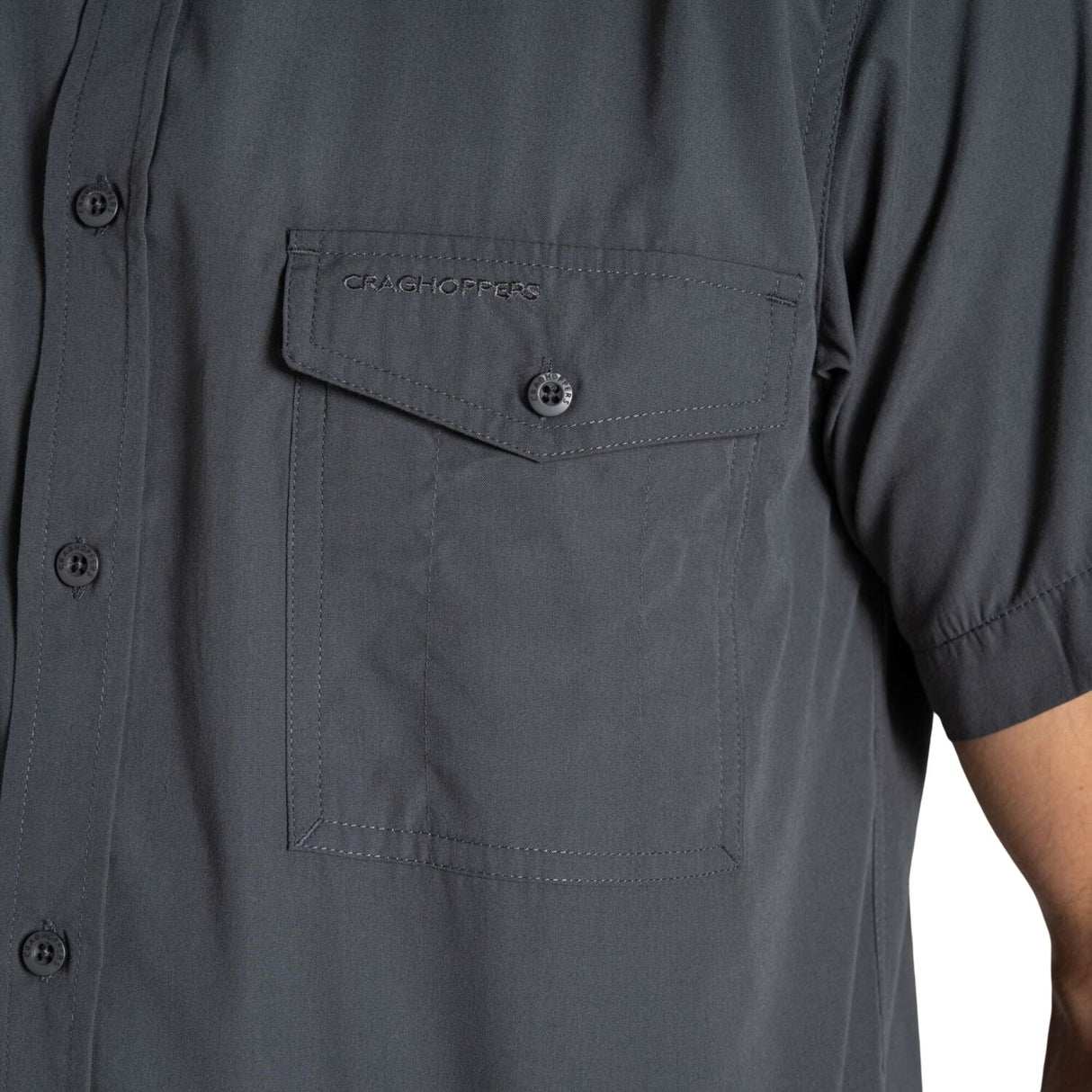 Craghoppers Mens Kiwi Polycotton UPF50 Insect Defence Travel Short Sleeve Shirt in Dark Grey