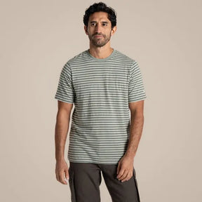 Craghoppers Mens Buffon Anti-Insect Organic Cotton Linen Blend Short Sleeve T-Shirt in Lichen Green Stripe
