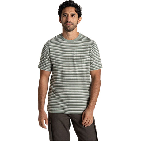 Craghoppers Mens Buffon Anti-Insect Organic Cotton Linen Blend Short Sleeve T-Shirt in Lichen Green Stripe