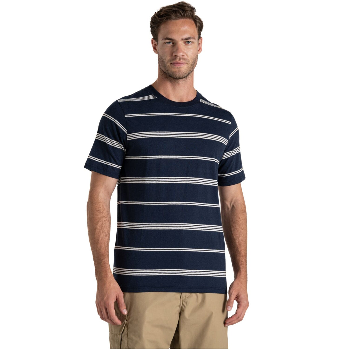 Craghoppers Mens Buffon Short Sleeve T-Shirt Organic Cotton Linen NosiBotanical Insect Repellent in Blue Navy Stripe