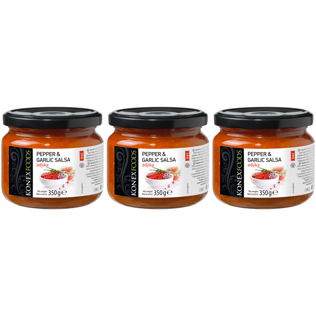 3x 350g Konex Tiva Pepper & Garlic Adjika Sauce in Glass Jar Bulk Pack - Hot (Product of Bulgaria)