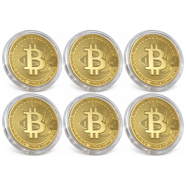 6x Bitcoin Commemorative Collectors Coin w/ Case Bulk Pack - Gold Plated