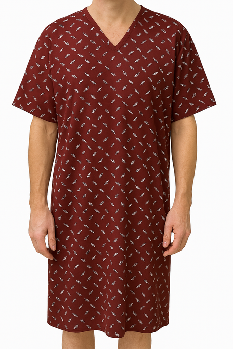 Contare V-Neck Mens Night Shirt  - 100% Cotton Nightie Gown in Red - Small