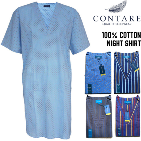 Contare V-Neck Mens Night Shirt 100% Cotton Pyjamas PJs Sleepwear Nightie Gown in Red