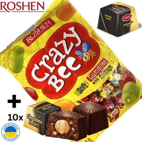ROSHEN 1kg Crazy Bee Soft Gummies Lollies + 10x AVK Chocolate Pralines - Made in Ukraine