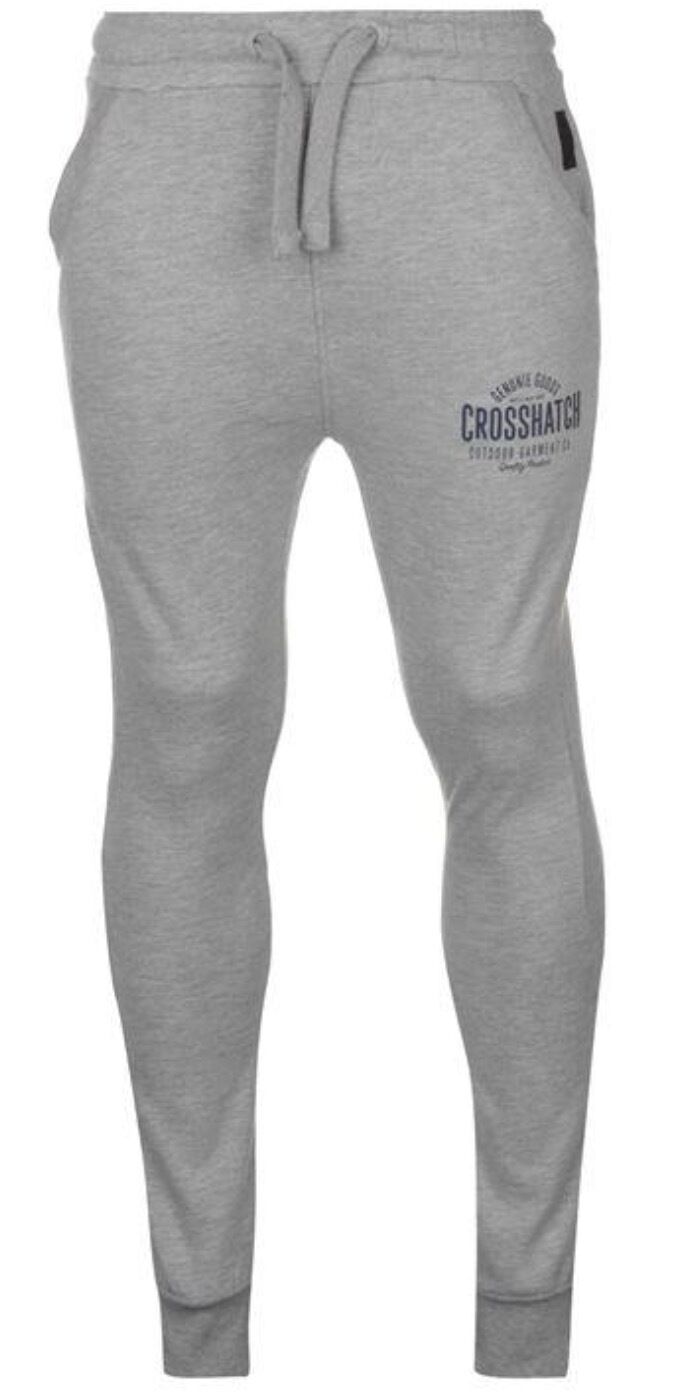 Crosshatch Seton Mens Skinny Track Pants - Light Grey (Slim Cotton Gym Joggers)