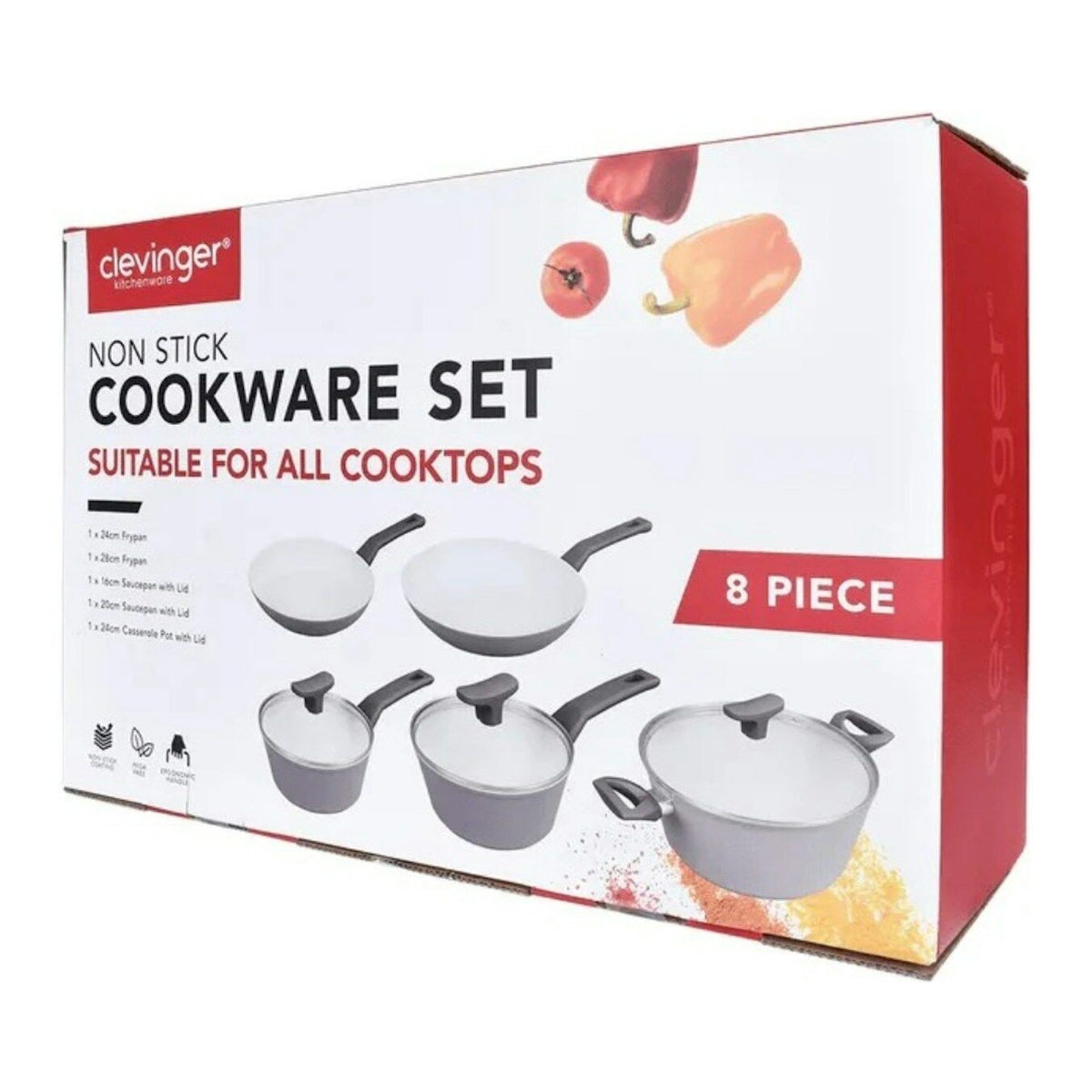 8pcs Clevinger Non-Stick Cookware Pots & Pans Set in Grey/White (PFOA Free)