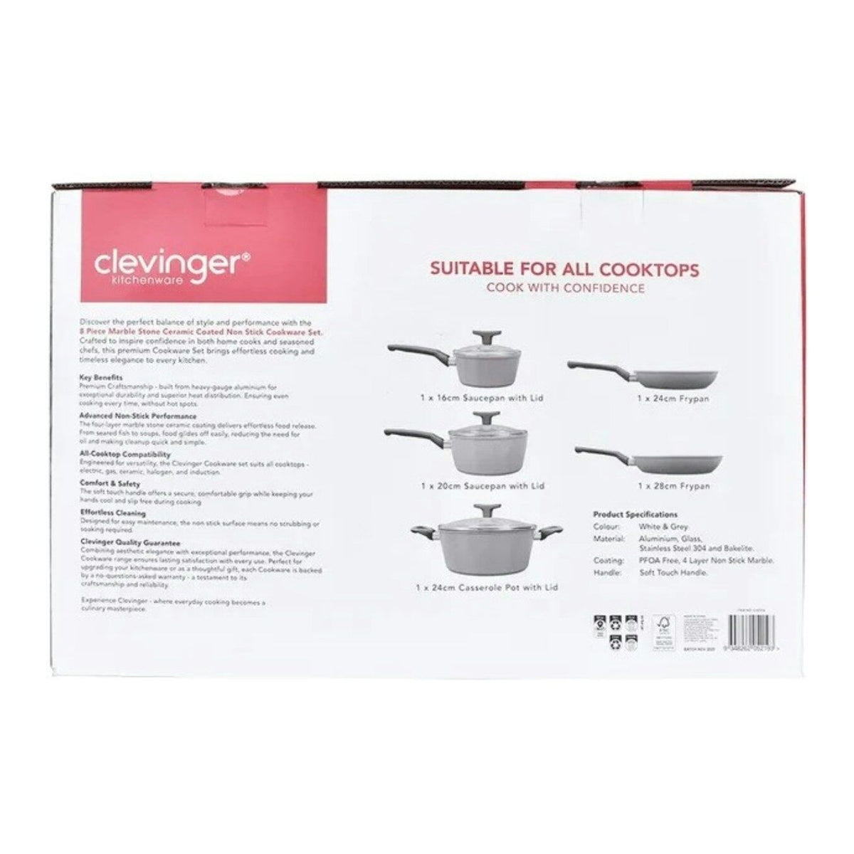 8pcs Clevinger Non-Stick Cookware Pots & Pans Set in Grey/White (PFOA Free)