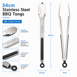 34cm Stainless Steel BBQ Tongs (Heavy Duty)