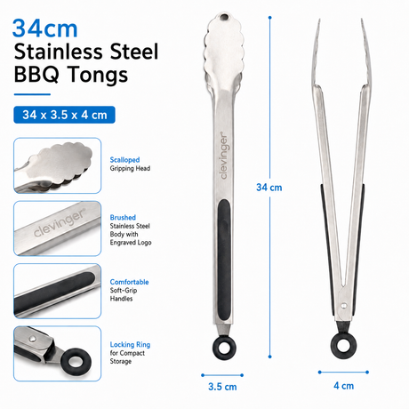 Clevinger 34cm Stainless Steel BBQ Tongs (Heavy Duty)