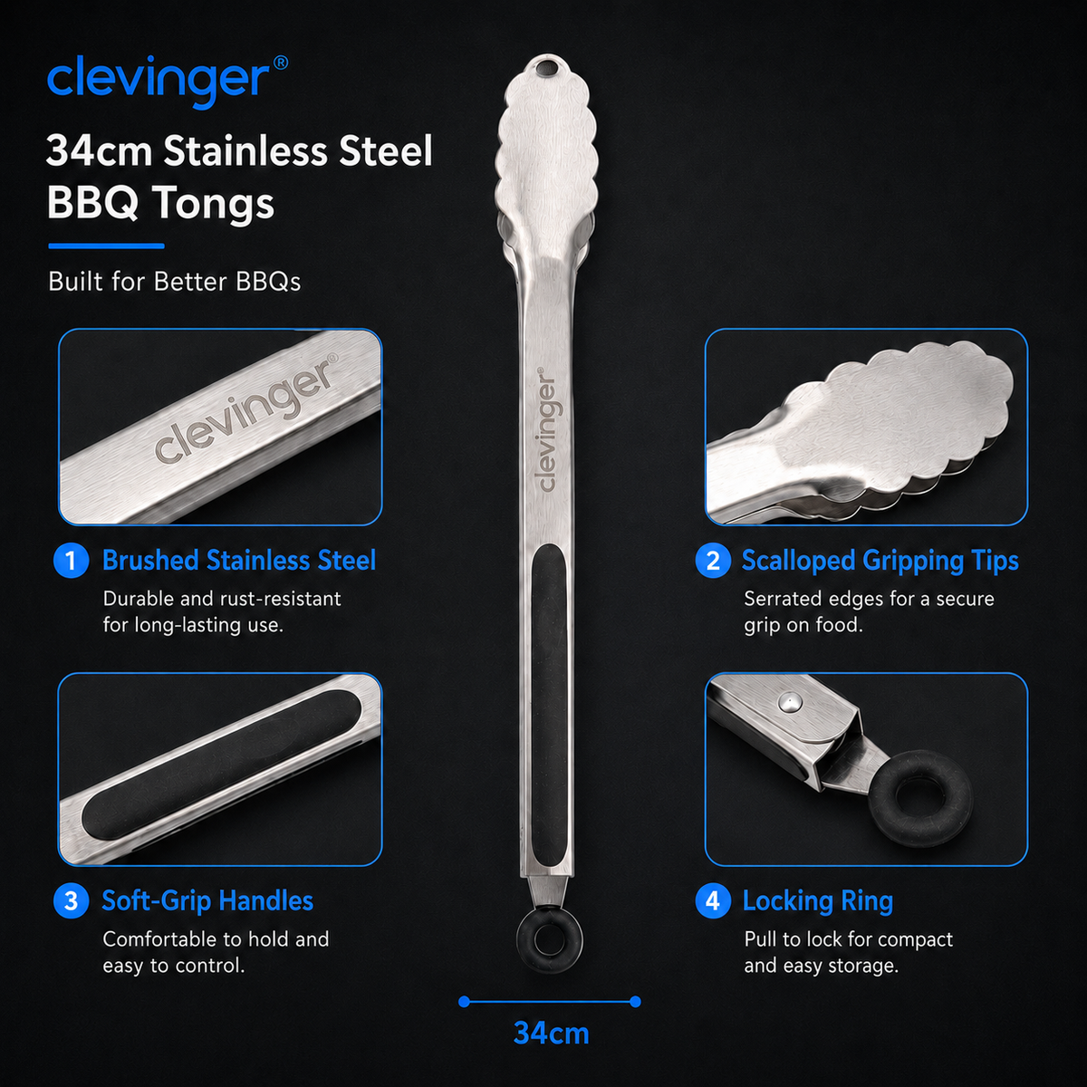 34cm Stainless Steel BBQ Tongs (Heavy Duty)