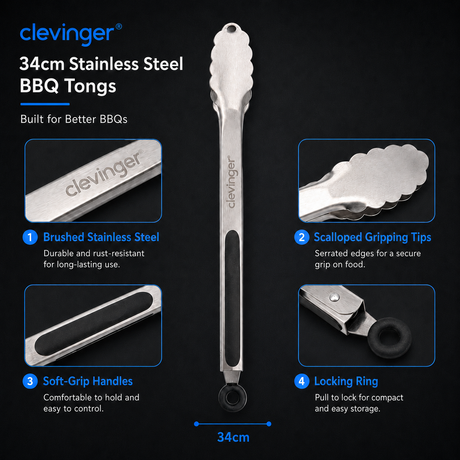 Clevinger 34cm Stainless Steel BBQ Tongs (Heavy Duty)