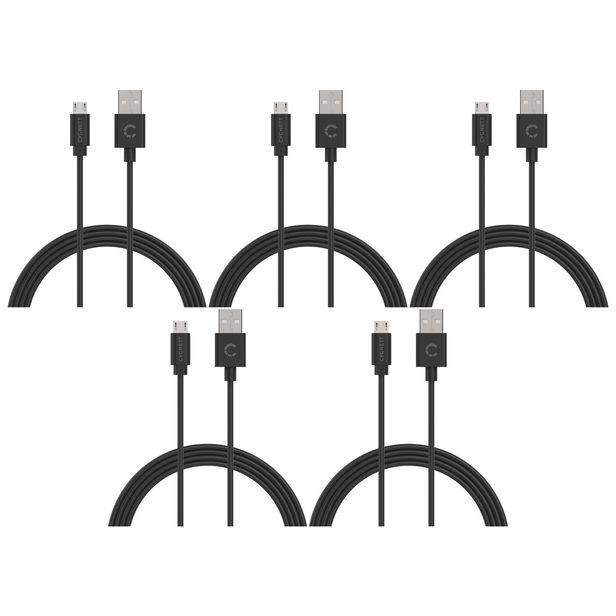 5x Cygnett 2-Metre Essentials Micro USB to USB-A Cable in Black (Bulk Pack)