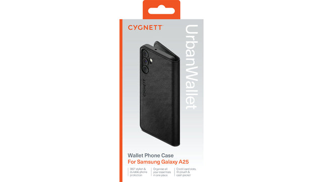 Cygnett UrbanWallet Case Samsung Galaxy A25 Wallet Cover Card Slots Stand in Black
