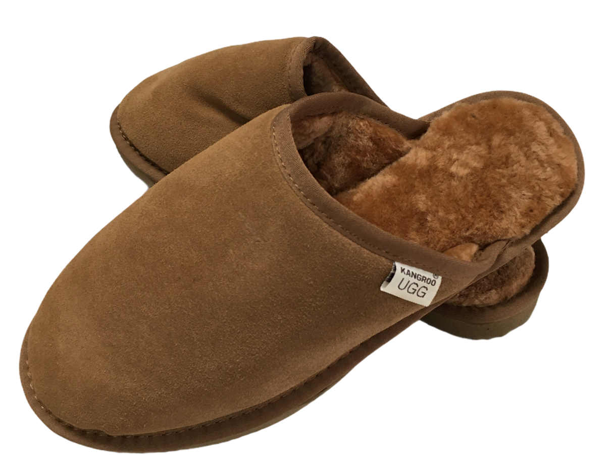 Mens Australian Merino Wool Sheepskin Slippers - Chestnut (100% Slip-On Scuffs for Winter)