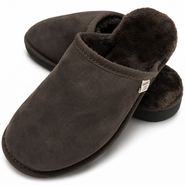 Mens Australian Merino Wool Sheepskin Slippers - Chocolate Brown (100% Slip-On Scuffs for Winter)