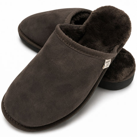 Mens Australian Merino Wool Sheepskin Slippers - Chocolate Brown (100% Slip-On Scuffs for Winter)