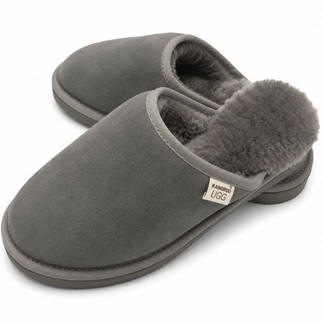 Mens Australian Merino Wool Sheepskin Slippers - Grey (100% Slip-On Scuffs for Winter)