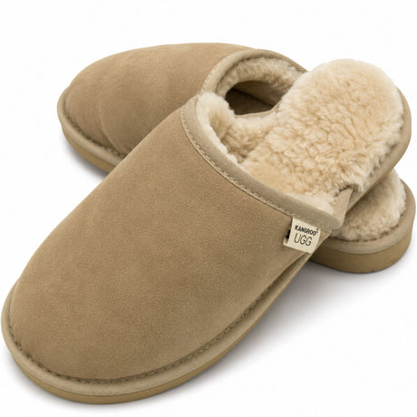 Mens Australian Merino Wool Sheepskin Slippers - Sand (100% Slip-On Scuffs for Winter)