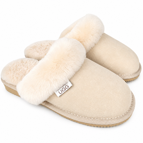 Womens Merino Wool Sheepskin Slippers - Sand (100% Australian Slip-On Scuffs for Winter)