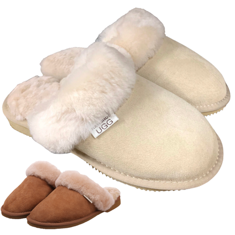 100% Australian Merino Sheepskin Scuffs Moccasins Slippers Winter Slip On UGG - Womens - Sand