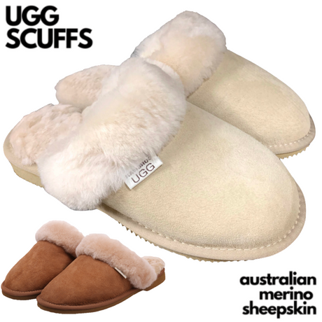 100% Australian Merino Sheepskin Scuffs Moccasins Slippers Winter Slip On UGG - Womens - Sand