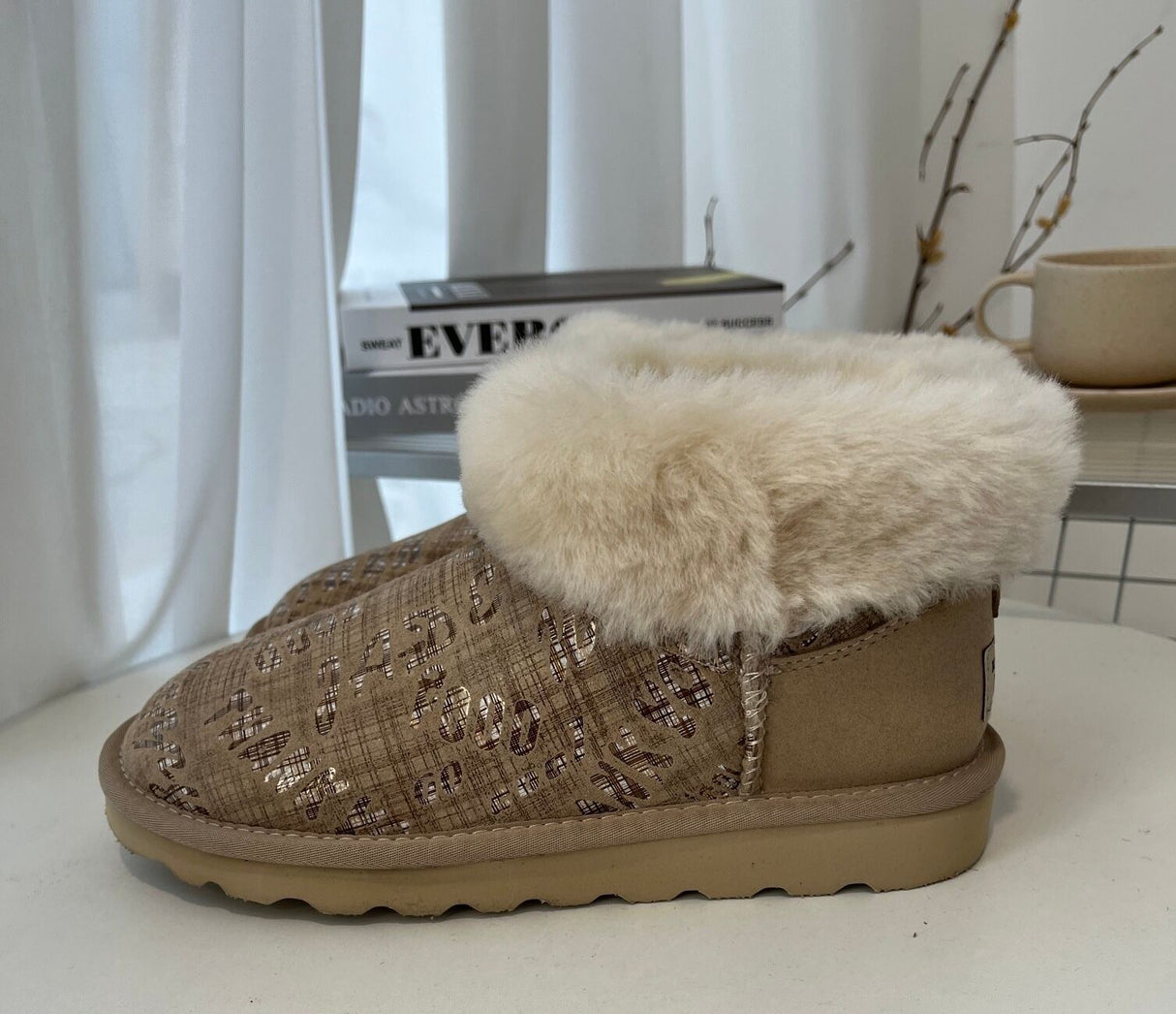 Womens Australian Sheepskin Wool Fur Mini UGG Ankle Boots in Sand